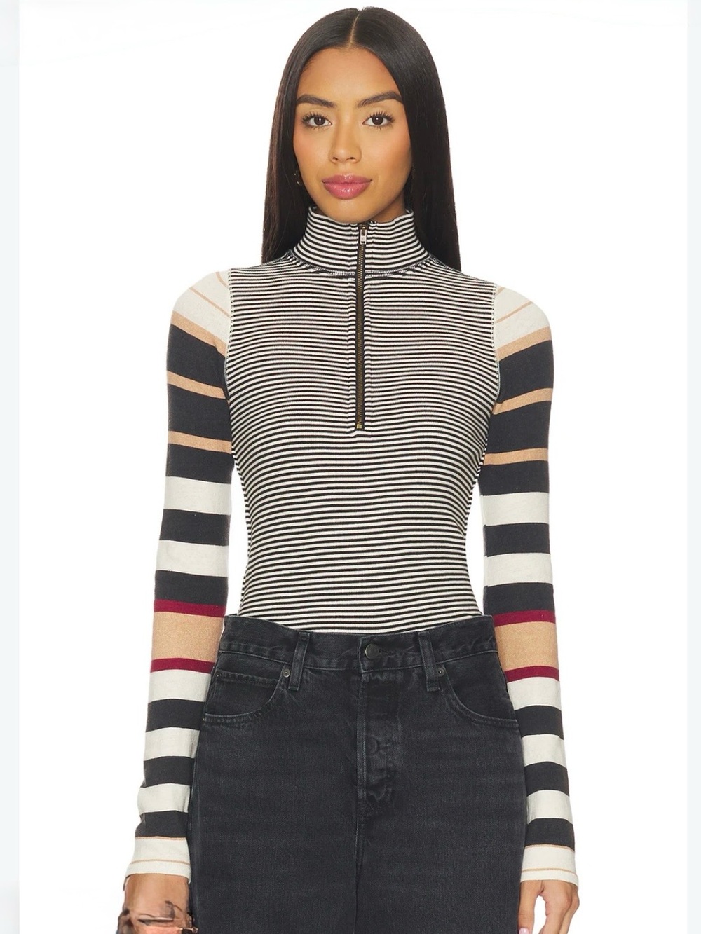 Free People Striped Mock Neck Zip-Front Top in Black, White & Tan
